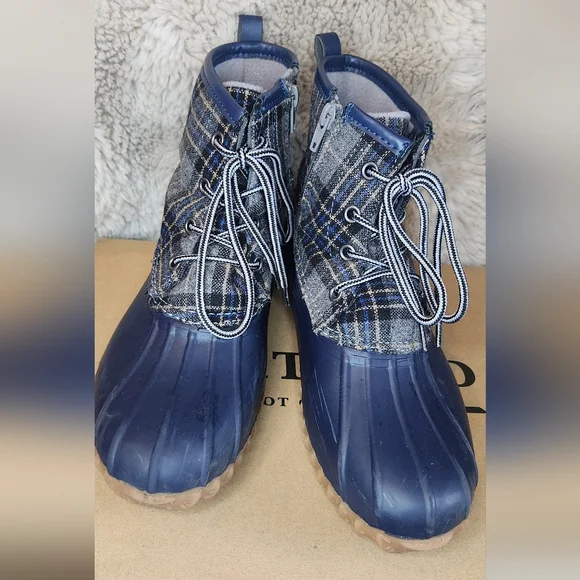 Portland Navy Plaid Duck Duck Boots Womens Size 7m Rain Snow Blue Gray - Picture 3 of 6